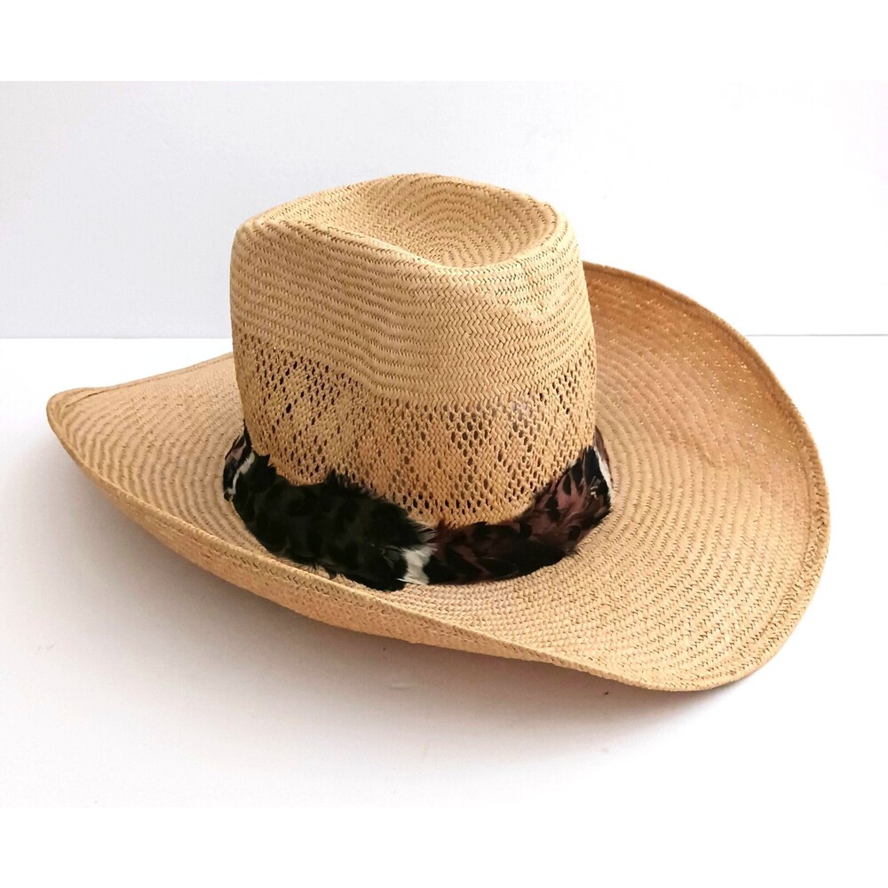 VTG Adam Western 101 Corral Straw Hat Curl Brim High Crown Feather Hatband Sz 7